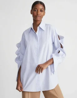 Lafayette 148 New York Stripe Cotton Poplin Button Sleeve Oversized Shirt Wild Bluet Multi