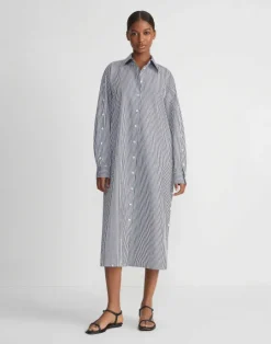 Lafayette 148 New York Stripe Cotton Poplin Button Sleeve Oversized Shirtdress Midnight Blue Multi