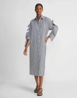 Lafayette 148 New York Stripe Cotton Poplin Button Sleeve Oversized Shirtdress Midnight Blue Multi