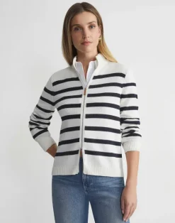 Lafayette 148 New York Stripe Cotton-Silk Zip Cardigan Cloud Multi