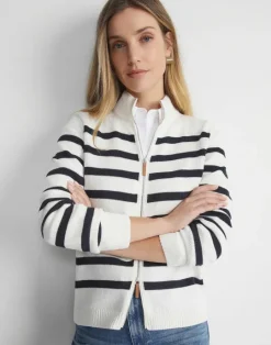 Lafayette 148 New York Stripe Cotton-Silk Zip Cardigan Cloud Multi