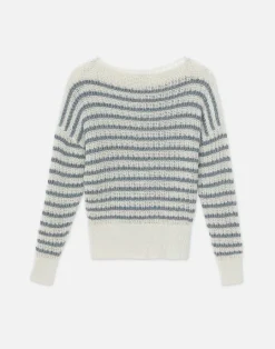 Lafayette 148 New York Stripe Organic Cotton & Denim Yarn Bateau Sweater Pebble Multi