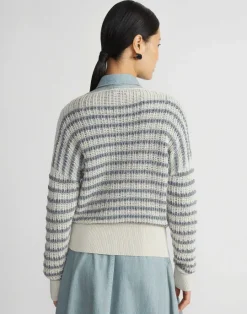 Lafayette 148 New York Stripe Organic Cotton & Denim Yarn Bateau Sweater Pebble Multi