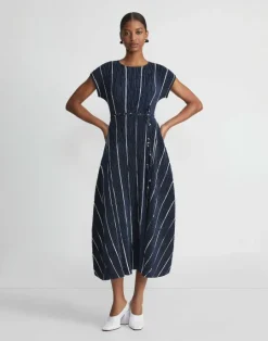 Sale Lafayette 148 New York Stripe Print Recycled Poly Satin Pliss Dress Ink Multi
