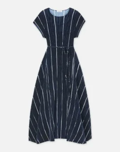 Sale Lafayette 148 New York Stripe Print Recycled Poly Satin Pliss Dress Ink Multi
