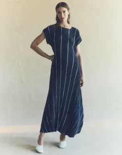 Sale Lafayette 148 New York Stripe Print Recycled Poly Satin Pliss Dress Ink Multi