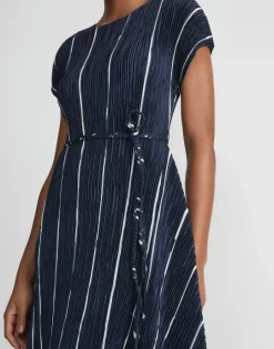 Sale Lafayette 148 New York Stripe Print Recycled Poly Satin Pliss Dress Ink Multi