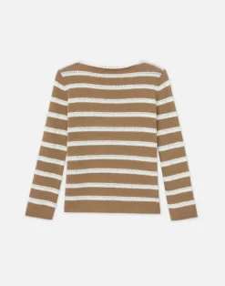 Discount Lafayette 148 New York Stripe Sequined Cotton & Cashmere Sweater Cadet Khaki Metallic