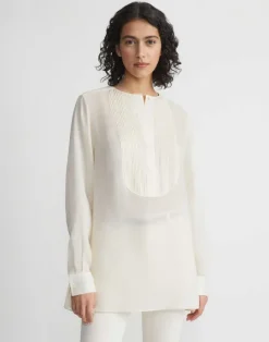 New Lafayette 148 New York Sustainable Gemma Cloth Voile Pintuck Popover Blouse Pebble