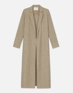 Clearance Lafayette 148 New York Virgin Wool Silk-Linen Open Front Duster Cadet Khaki Melange