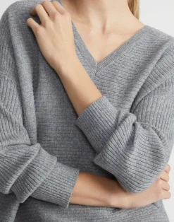 Clearance Lafayette 148 New York Wool-Cashmere Ribbed V-Neck Sweater Dune Melange