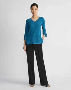 Lafayette 148 New York Wool-Cashmere Silk Trimmed Sweater Agate Teal
