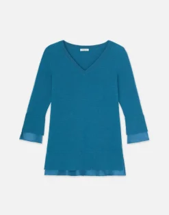 Lafayette 148 New York Wool-Cashmere Silk Trimmed Sweater Agate Teal